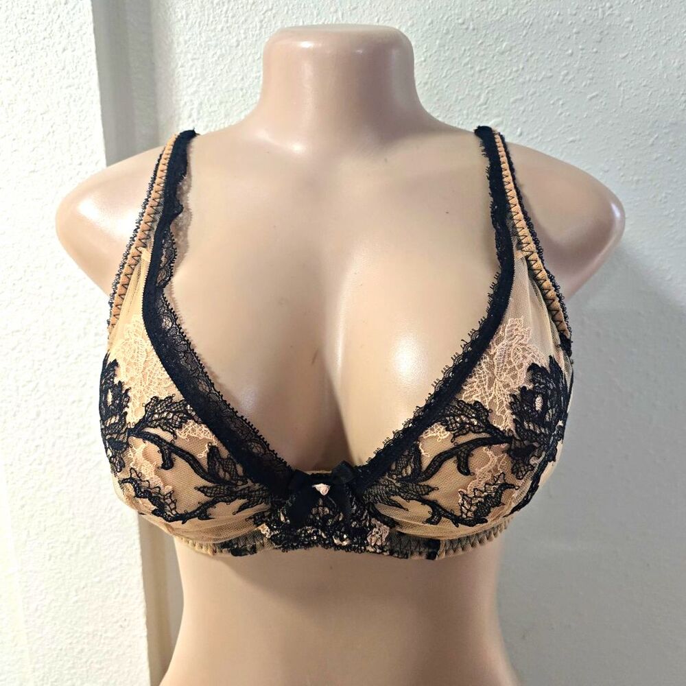 Agent Provocateur Luciela Peach/Black Lace Underwired Plunge Bra 36C